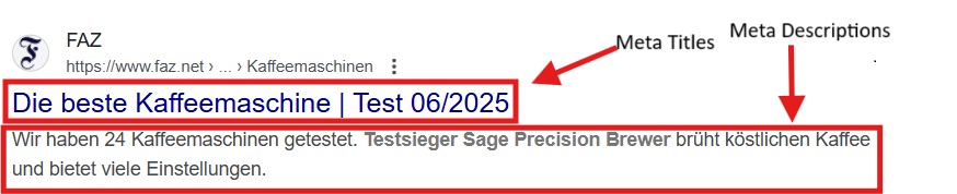Screenshot von Meta Titles und Meta Descriptions