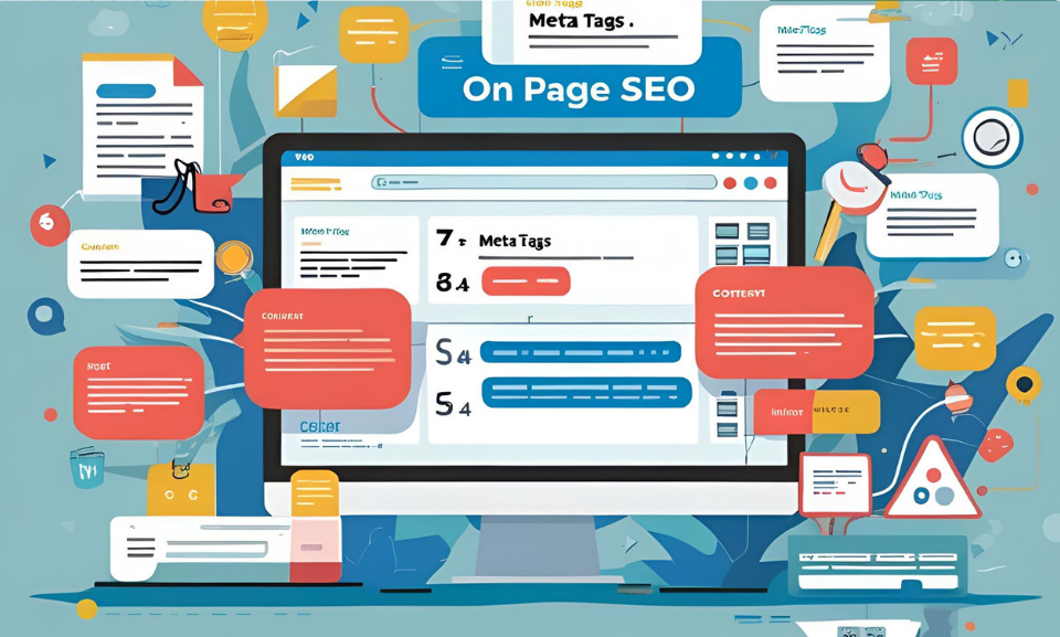 Grafik für On-Page SEO als Überschrift und angedeutete Sprechblasen