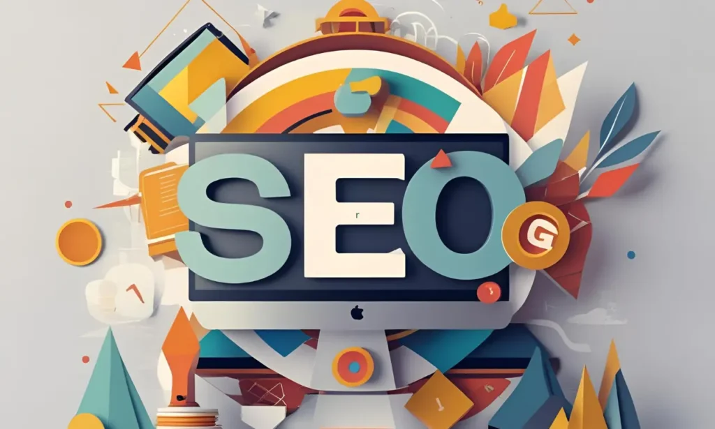 Eine Grafik mit den Buchstaben "SEO" im Fordergrund